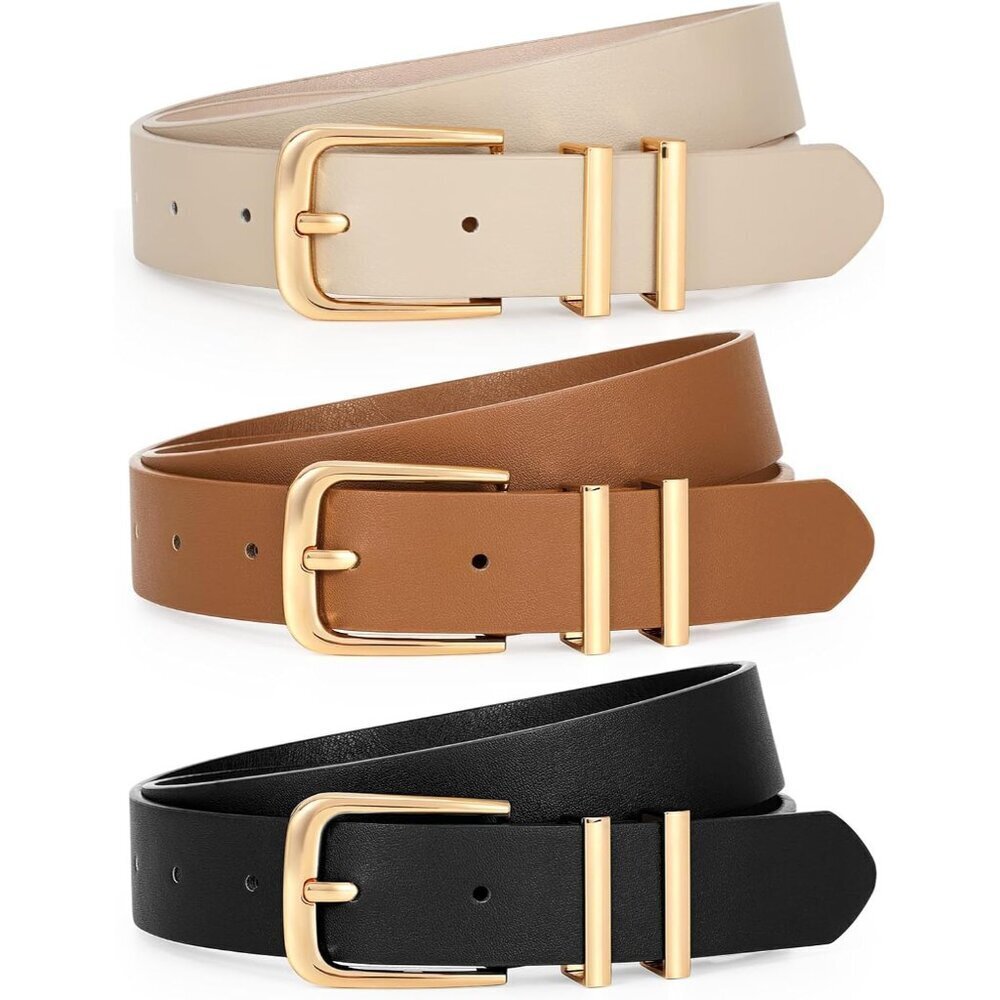 Women's Faux Leather Belts 3 Pack with Gold Buckles for Jeans Dresses Pants